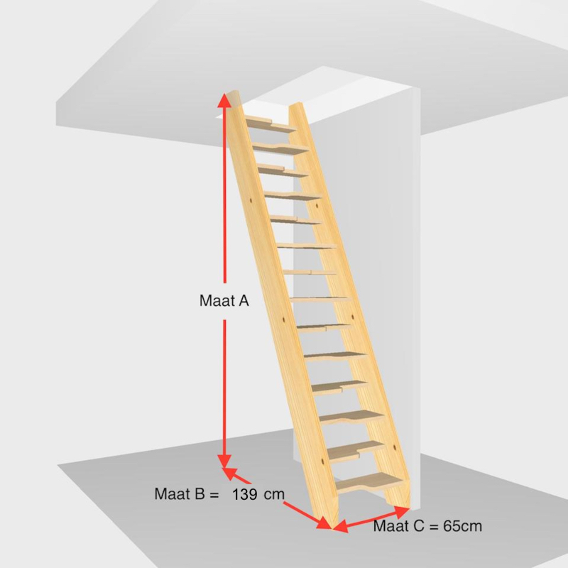 Ruimtebespaartrap 13 treden. Hoogte van 280cm t/m 308